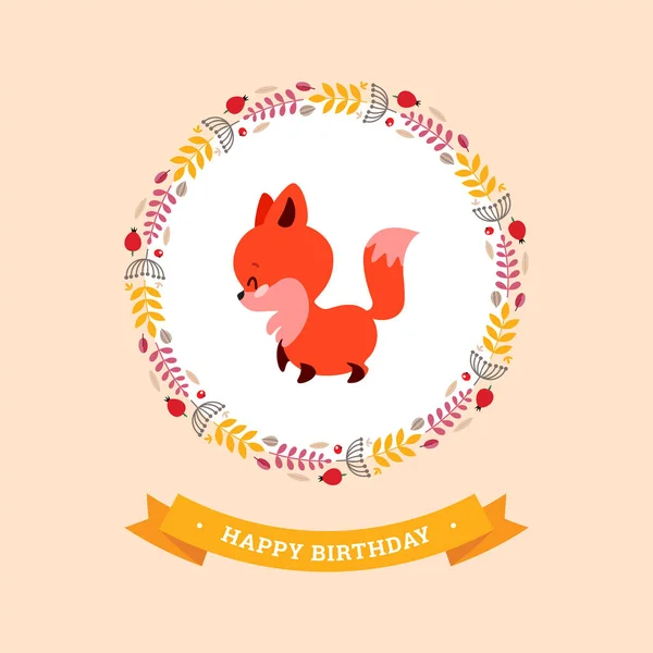 Cartão Feliz Aniversário Outono Ilustração Aniversário Bonito Com Pequena Raposa —  Vetores de Stock