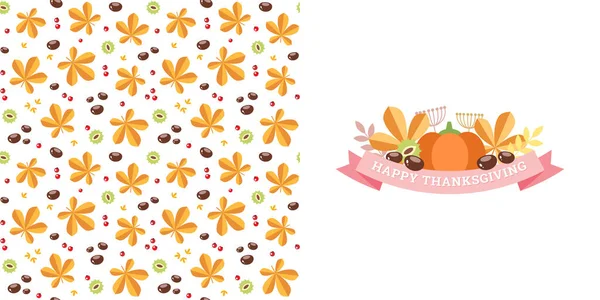 Thanksgiving Day Kaart Vignet Patroon Gemaakt Van Groenten Bessen Herfstbladeren — Stockvector