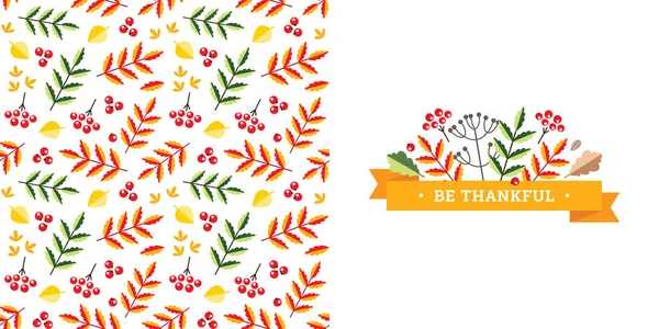 Thanksgiving Day Kaart Vignet Patroon Gemaakt Van Herfstbladeren Planten Kan — Stockvector