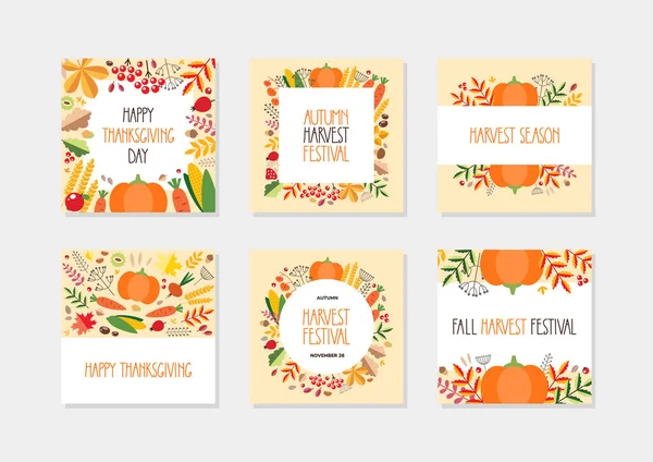 收获节 一套秋天的背景与蔬菜 秋天的叶子和植物 可用于秋季假日请柬 — 图库矢量图片