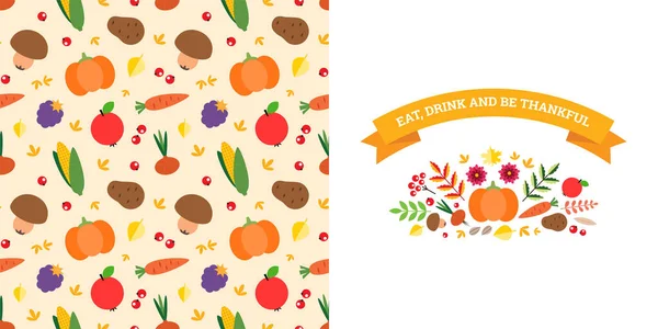 Thanksgiving Day Card Vignette Pattern Made Vegetables Berries Autumn Leaves — Stock Vector