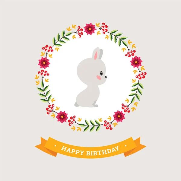 秋天生日快乐卡片 可爱的生日插画与小兔子 秋天的花环和黄色缎带 第8病媒Eps — 图库矢量图片
