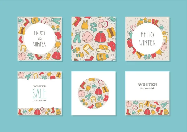 Set Winter Templates Collection Doodle Winter Backgrounds Winter Clothes Suitable — Stock Vector