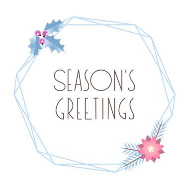 Mevsimin selamları. Kış tatili tebrik kartı. Noel ağacı dalları, kutsal meyveler ve mavi çerçeveli beyaz arka planda Noel çiçekleri. Vektör 10 EPS.