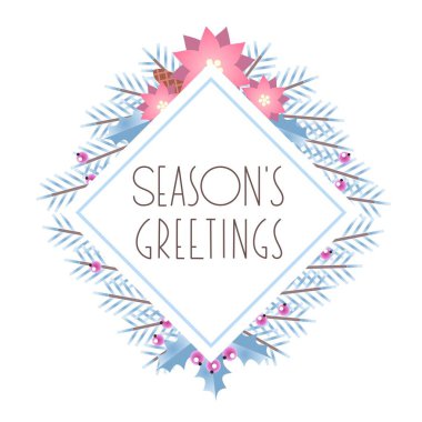 Mevsimin selamları. Kış tatili tebrik kartı. Eşkenar dörtgen çerçeveli mavi bir arka planda Noel ağacı dalları, kutsal meyveler ve Noel çiçekleri. Vektör 10 EPS.