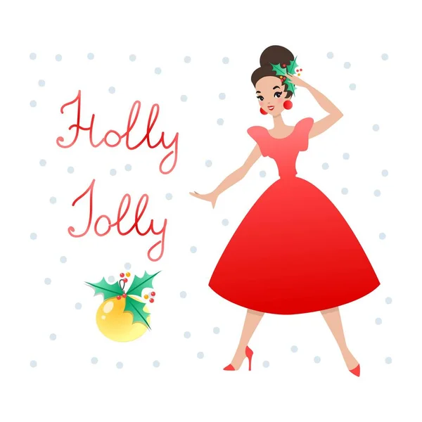 Holly Jolly Kış Tatili Tebrik Kartı Elinde Noel Ağacı Olan — Stok Vektör