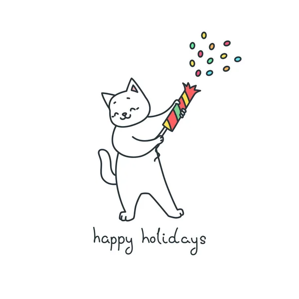 ハッピー ホリデー 白地に孤立した爆竹を持つ面白い猫のイラスト ベクトル10 Eps — ストックベクタ