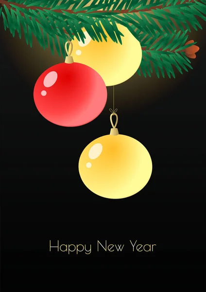 Frohes Neues Jahr Winterurlaub Grußkarte Illustration Eines Weihnachtsbaumzweiges Mit Dekorationen — Stockvektor