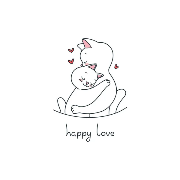 Happy Love Illustration Noir Blanc Chats Câlins Mignons Sur Fond — Image vectorielle