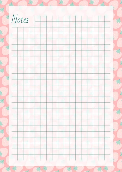 Notities Verticale Notebook Pagina Een Achtergrond Van Een Schattig Aardbeienpatroon — Stockvector