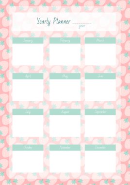 Yıllık Planlayıcı. Şirin bir çilek deseninin arka planında defter sayfası. Vektör 10 ESP.