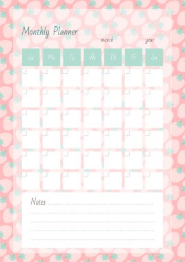 Aylık Planlayıcı. Şirin bir çilek deseninin arka planında defter sayfası. Vektör 10 ESP.