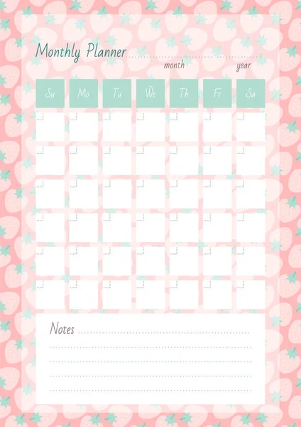 Maandelijkse Planner Notebook Pagina Een Achtergrond Van Een Schattig Aardbeienpatroon — Stockvector