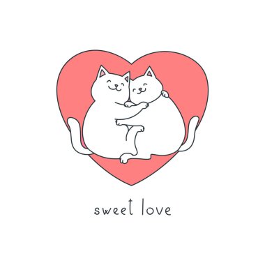 Tatlı aşk. Sevimli beyaz kedilerin pembe bir kalbin üzerinde yatışının tasviri. Sevgililer Günü kartı şablonu. Vektör 10 EPS