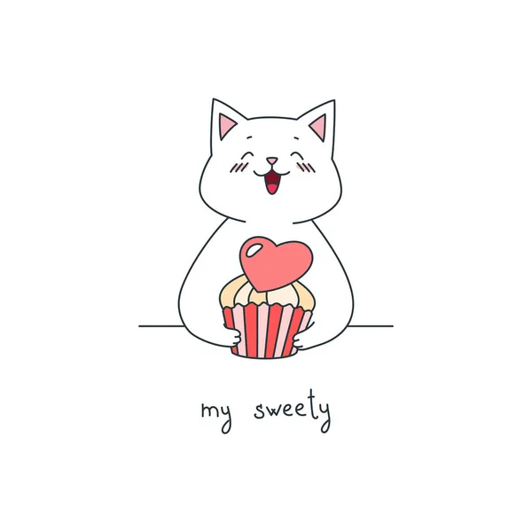 Γλυκιά Μου Εικονογράφηση Μιας Χαριτωμένης Γάτας Που Κρατάει Ένα Κεκάκι — Διανυσματικό Αρχείο