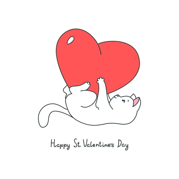 Happy Valentine Day Illustration Cute Cat Playing Big Pink Heart — Stock Vector