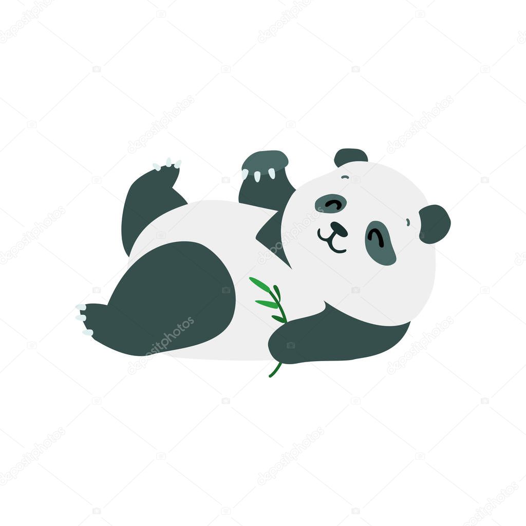 Little panda. Cute illustration of a funny baby panda lying on its back isolated on a white background. Vector 10 EPS