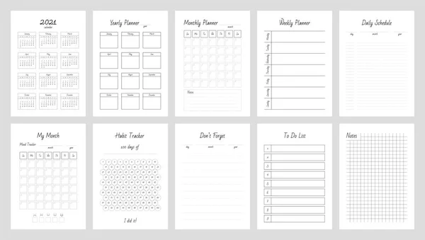 Planner Page Templates Yearly Monthly Weekly Daily Organizers Calendar Personal — Stock Vector
