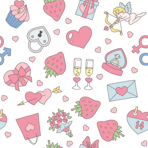 Valentinstag Muster Der Nahtlose Hintergrund Von Objekten Zum Valentinstag Herz — Stockvektor