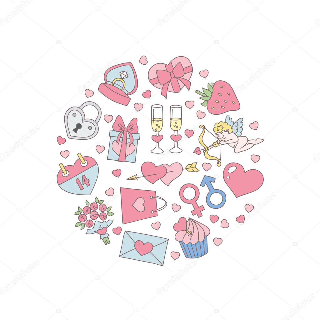 St. Valentine Day template. The circle background of valentine's day objects: heart, ring, flowers, cupid, chocolate box, etc. on white. Can be used for greeting cards, invitations, flyers. Vector 10 EPS