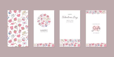 Sevgililer Günü geçmişleri. Kalpleri, yüzükleri, çiçekleri ve cupidleri gibi sevgililer günü sembolleriyle süslenmiş özgeçmiş koleksiyonu. Sosyal ağlar ve hikayeler için düzenlenebilir şablonlar. 