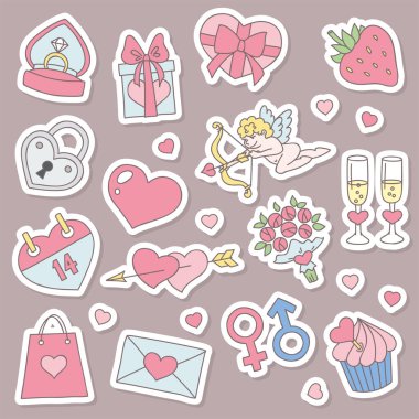 Sevgililer Günü çıkartmaları. Kalp, yüzük, çiçek ve aşk tanrısı gibi sevgililer günü sembollerinin çizimleri. Vektör 10 EPS.