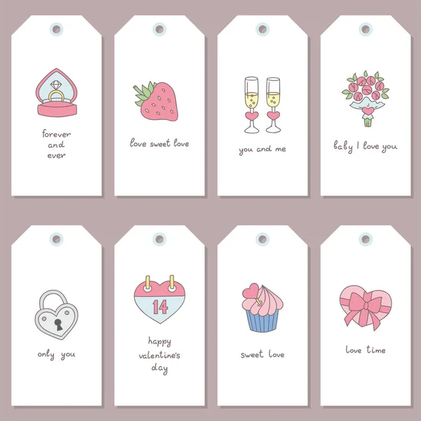 Cadeaubonnen Voor Valentijnsdag Schattige Doodle Gift Tags Met Valentijnsdag Symbolen — Stockvector