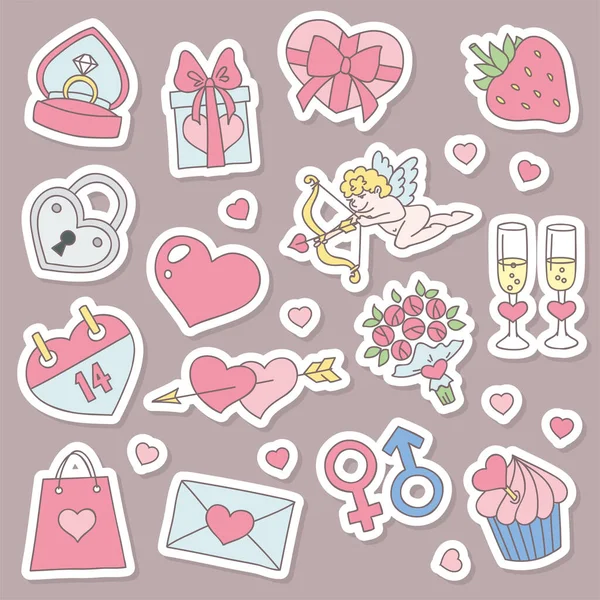 Aufkleber Zum Valentinstag Eine Reihe Von Abbildungen Von Valentinstagssymbolen Wie — Stockvektor