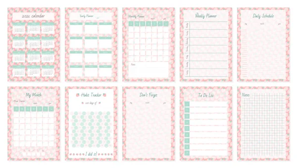 可爱的计划器页面模板 每周和每天的组织者和日历装饰草莓 矢量10 Esp — 图库矢量图片