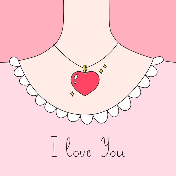 Αγαπώ Doodle Εικόνα Ενός Κολιέ Ένα Κόκκινο Μενταγιόν Σχήμα Καρδιάς — Διανυσματικό Αρχείο