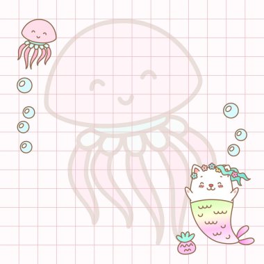 Kawaii not defteri sayfa şablonu. Küçük yavru deniz kızlarıyla süslenmiş not sayfası. Vektör 10 ESP.