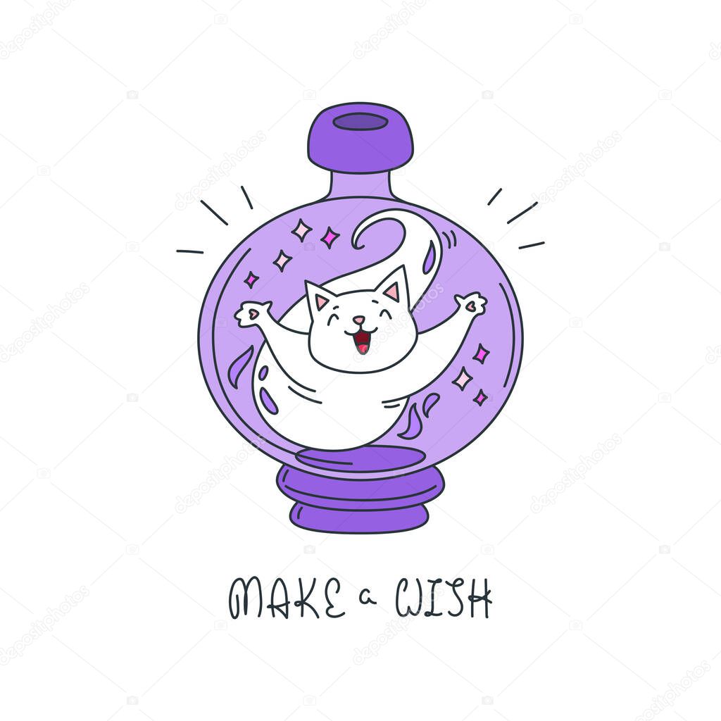Make a Wish. Illustration of a cute white cat sitting in the magic bottle isolated on a white background. Vector 10 EPS.
