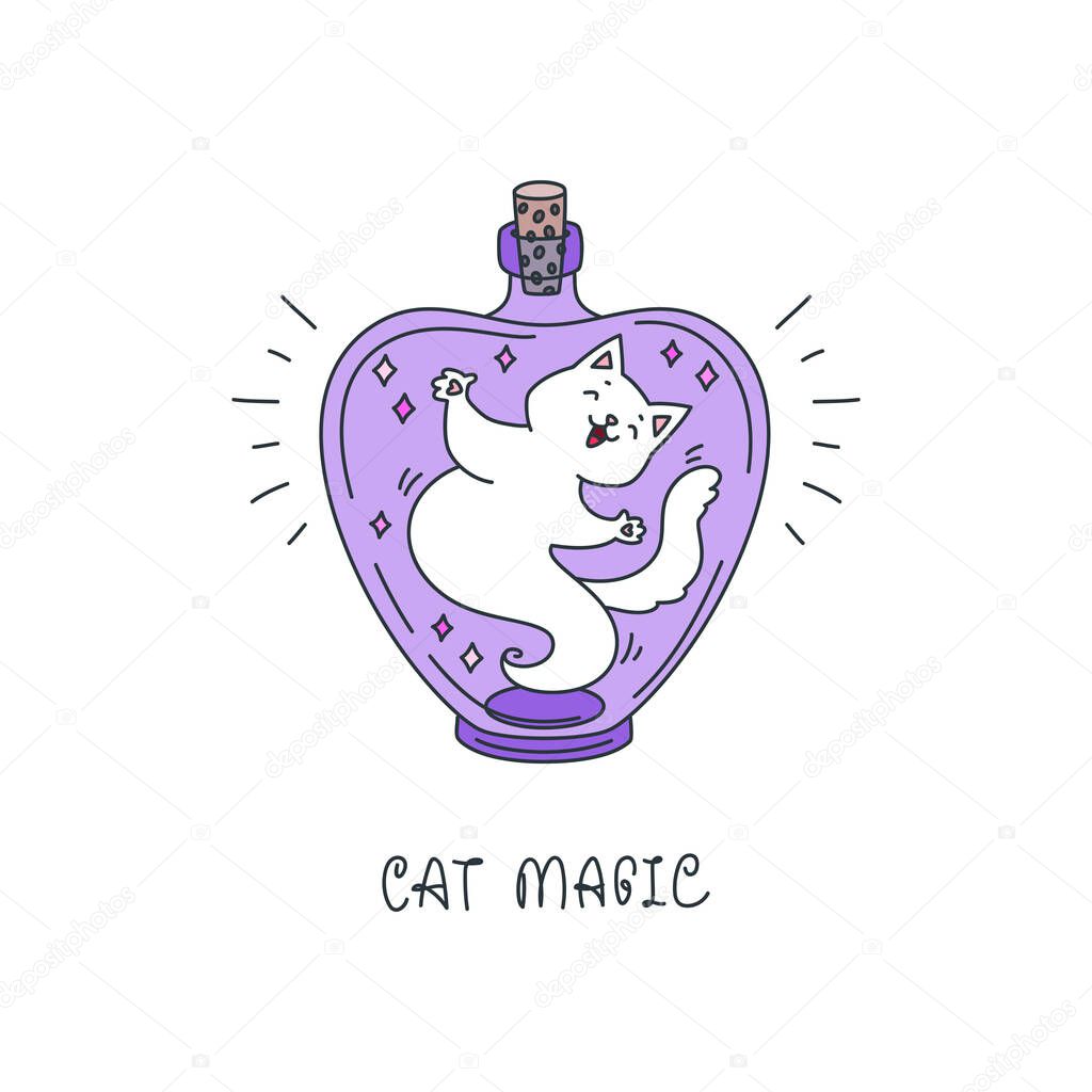 Cat Magic. Illustration of a cute white cat sitting in the magic bottle isolated on a white background. Vector 10 EPS.