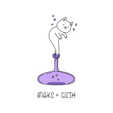 Bir dilek tut. Beyaz arka planda izole bir şekilde sihirli şişeden çıkan komik bir kedi cininin tasviri. Vektör 10 EPS.
