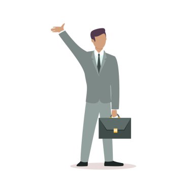 Bir adamın portresi. Beyaz arka planda elini sallayan gri takım elbiseli bir adamın düz çizimi. Vektör 10 EPS.