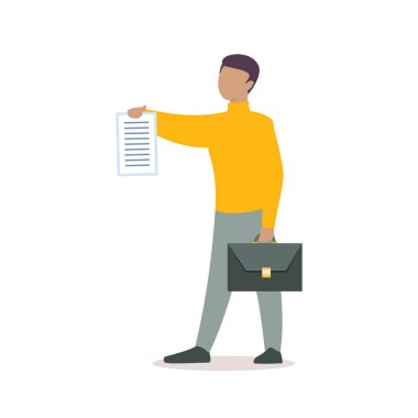 Bir adamın portresi. Sarı kazaklı bir adamın elinde beyaz bir arka planda izole edilmiş bir belge tutmasının düz bir çizimi. Vektör 10 EPS.