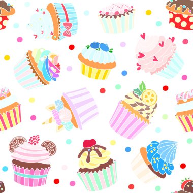 Kek arka planı. Krema, çilek, kalp, nane, narenciye, kiraz, kurabiye ve beyaz arka planda tek boynuzlu at boynuzuyla süslenmiş parlak konfeti ve kek deseni. Vektör 10 EPS.