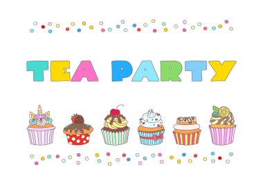 Çay partisi. Krema, çilek, kalp, nane, narenciye, kiraz, kurabiye ve beyaz arka planda tek boynuzlu at boynuzuyla süslenmiş keklerin parlak davetiye arkaplanı. Vektör 10 EPS.