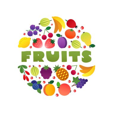 Meyve konsepti. Düz bir şekilde çizilmiş meyve ve böğürtlenlerin dairesel bileşimi. Vektör 10 EPS.