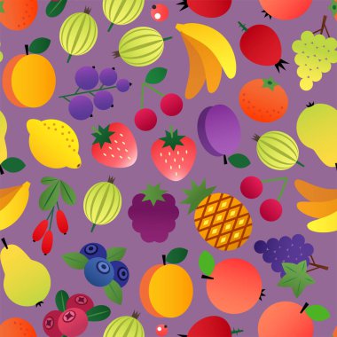 Multifruit deseni. Düz bir arka planda, meyve ve meyvelerin pürüzsüz arkaplanı. Vektör 10 EPS.