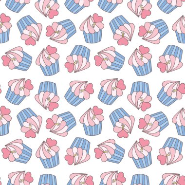 Sevgililer Günü şablonu. Beyaz arka planda kalplerle süslenmiş kremalı keklerin kusursuz arkaplanı. Vektör 10 EPS