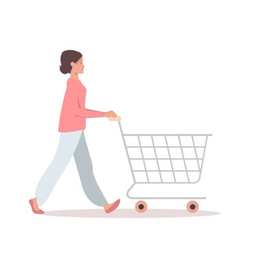 The girl goes shopping. Flat illustration of a girl in pink jumper pushing an empty shopping cart. Vector 10 EPS.