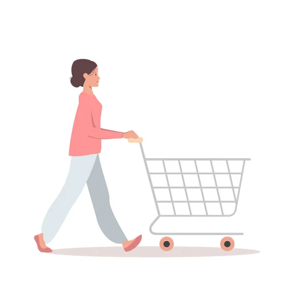 Girl Goes Shopping Flat Illustration Girl Pink Jumper Pushing Empty — Vetor de Stock