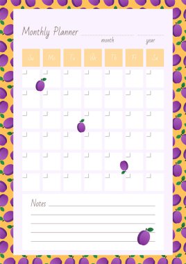 Aylık Planlayıcı. Güzel bir erik deseninin arka planında bir defter sayfası. Vektör 10 ESP.