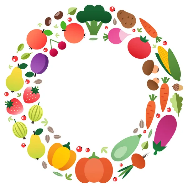 Organic Food Background Colorful Circle Frame Made Vegetables Fruits Drawn — Stock Vector