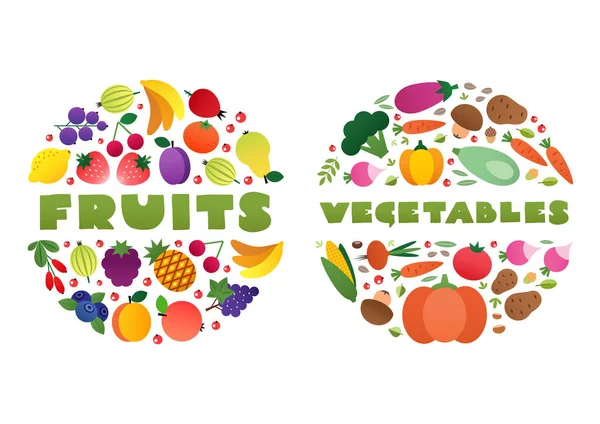 Gyümölcs Zöldség Koncepció Két Kör Alakú Összetétele Gyümölcsök Zöldségek Húzott — Stock Vector
