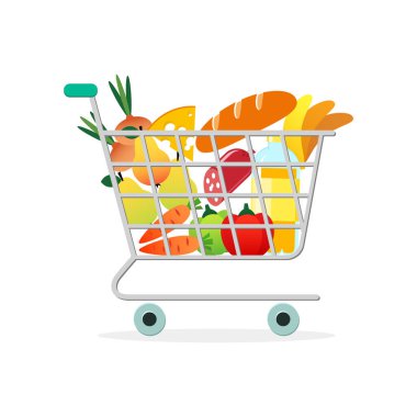 Market konsepti. Market ürünleriyle dolu bir tramvayın renkli çizimi. Vektör 10 EPS.
