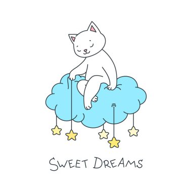 Tatlı rüyalar. Bulutun üzerinde oturup yıldızları gökyüzüne koyan sevimli bir kedi tasviri. Vektör 10 EPS.