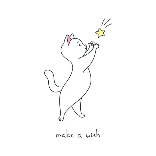 Make Wish Illustration Cute Cat Catching Star Isolated White Background — 스톡 벡터