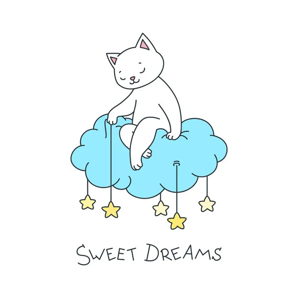 Sweet Dreams Illustration Cute Cat Sitting Cloud Putting Stars Sky — 스톡 벡터